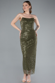 Olive Drab Strapless Beaded Midi Cocktail Dress ABK2260