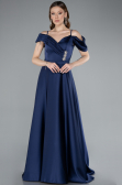 Navy Blue Satin Off Shoulder Long Satin Evening Gown ABU4868