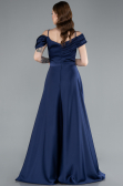 Navy Blue Satin Off Shoulder Long Satin Evening Gown ABU4868