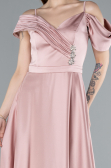 Powder Color Satin Off Shoulder Long Satin Evening Gown ABU4868