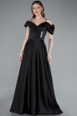 Black Satin Off Shoulder Long Satin Evening Gown ABU4868