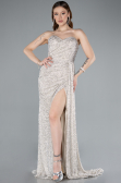 Beige Strapless Beaded Slit Long Evening Gown ABU4871