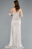 Beige Strapless Beaded Slit Long Evening Gown ABU4871
