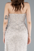 Beige Strapless Beaded Slit Long Evening Gown ABU4871