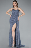 Grey-Indigo Strapless Beaded Slit Long Evening Gown ABU4871