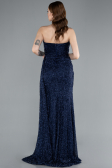 Navy Blue Strapless Beaded Slit Long Evening Gown ABU4871