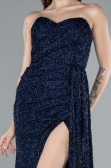 Navy Blue Strapless Beaded Slit Long Evening Gown ABU4871
