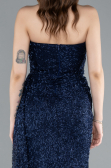 Navy Blue Strapless Beaded Slit Long Evening Gown ABU4871
