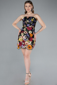 Black Strapless Multicolor 3D Floral Embroidered Mini Dress ABK2326