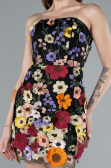 Black Strapless Multicolor 3D Floral Embroidered Mini Dress ABK2326