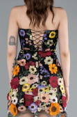 Black Strapless Multicolor 3D Floral Embroidered Mini Dress ABK2326