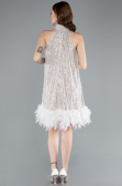Beige Halter Neck Feathered Skirt Sequined Party Dress ABU4876
