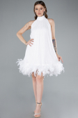 White Halter Neck Feathered Skirt Sequined Party Dress ABU4876
