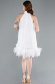 White Halter Neck Feathered Skirt Sequined Party Dress ABU4876