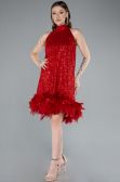Red Halter Neck Feathered Skirt Sequined Party Dress ABU4876