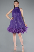 Purple Halter Neck Feathered Skirt Sequined Party Dress ABU4876