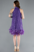 Purple Halter Neck Feathered Skirt Sequined Party Dress ABU4876