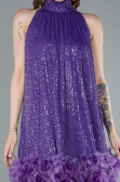Purple Halter Neck Feathered Skirt Sequined Party Dress ABU4876
