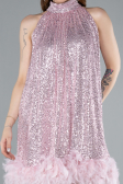 Powder Color Halter Neck Feathered Skirt Sequined Party Dress ABU4876