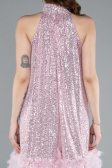 Powder Color Halter Neck Feathered Skirt Sequined Party Dress ABU4876