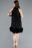 Black Halter Neck Feathered Skirt Sequined Party Dress ABU4876
