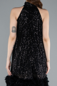 Black Halter Neck Feathered Skirt Sequined Party Dress ABU4876