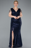Navy Blue V Neck Long Sequined Slit Plus Size Evening Dress ABU4886