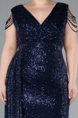 Navy Blue V Neck Long Sequined Slit Plus Size Evening Dress ABU4886