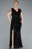 Black V Neck Long Sequined Slit Plus Size Evening Dress ABU4886