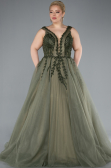 Olive Drab Sleeveless Stoned Long Plus Size Haute Couture Dress ABU4456