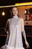 Beige Halter Neck Feathered Skirt Sequined Party Dress ABU4876