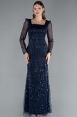 Navy Blue Long Sleeve Square Neckline Beaded Portable Tails Evening Gown ABU4603