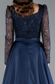 Navy Blue Long Sleeve Square Neckline Beaded Portable Tails Evening Gown ABU4603