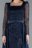 Navy Blue Long Sleeve Square Neckline Beaded Portable Tails Evening Gown ABU4603