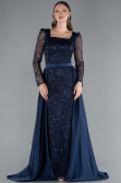 Navy Blue Long Sleeve Square Neckline Beaded Portable Tails Evening Gown ABU4603