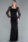Black Long Sleeve Square Neckline Beaded Portable Tails Evening Gown ABU4603