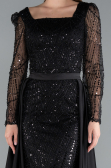 Black Long Sleeve Square Neckline Beaded Portable Tails Evening Gown ABU4603
