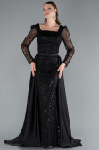 Black Long Sleeve Square Neckline Beaded Portable Tails Evening Gown ABU4603