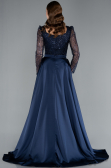 Navy Blue Long Sleeve Square Neckline Beaded Portable Tails Evening Gown ABU4603