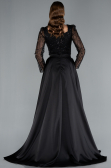 Black Long Sleeve Square Neckline Beaded Portable Tails Evening Gown ABU4603