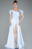 Light Blue Boat Neck Slit Long Satin Prom Gown ABU4508