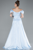 Light Blue Boat Neck Slit Long Satin Prom Gown ABU4508