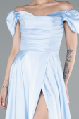 Light Blue Boat Neck Slit Long Satin Prom Gown ABU4508