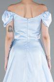 Light Blue Boat Neck Slit Long Satin Prom Gown ABU4508