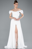 White Boat Neck Slit Long Satin Prom Gown ABU4508