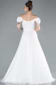 White Boat Neck Slit Long Satin Prom Gown ABU4508