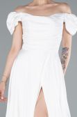 White Boat Neck Slit Long Satin Prom Gown ABU4508