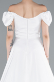 White Boat Neck Slit Long Satin Prom Gown ABU4508