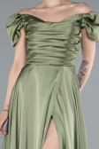 Olive Drab Boat Neck Slit Long Satin Prom Gown ABU4508