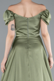 Olive Drab Boat Neck Slit Long Satin Prom Gown ABU4508